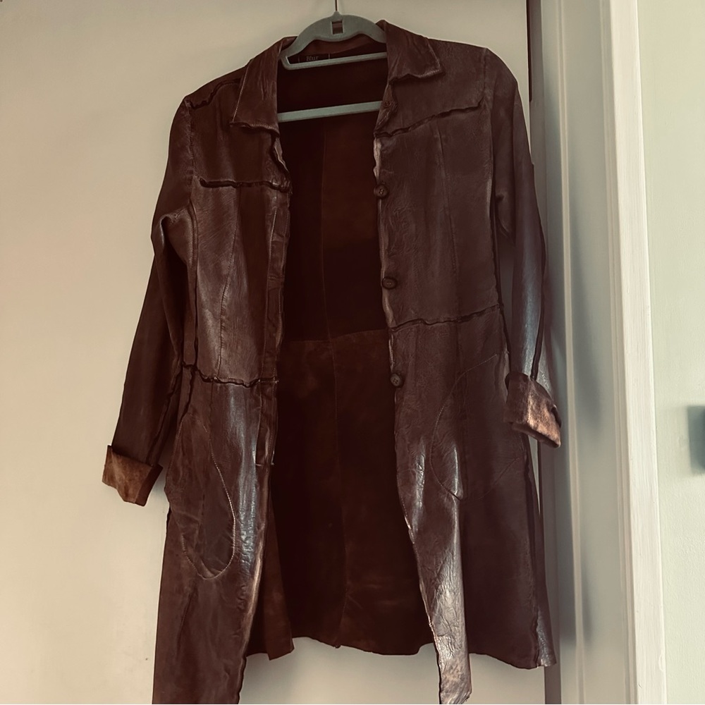 Blur, leather vintage, very rare jacket, knee length. Size small.